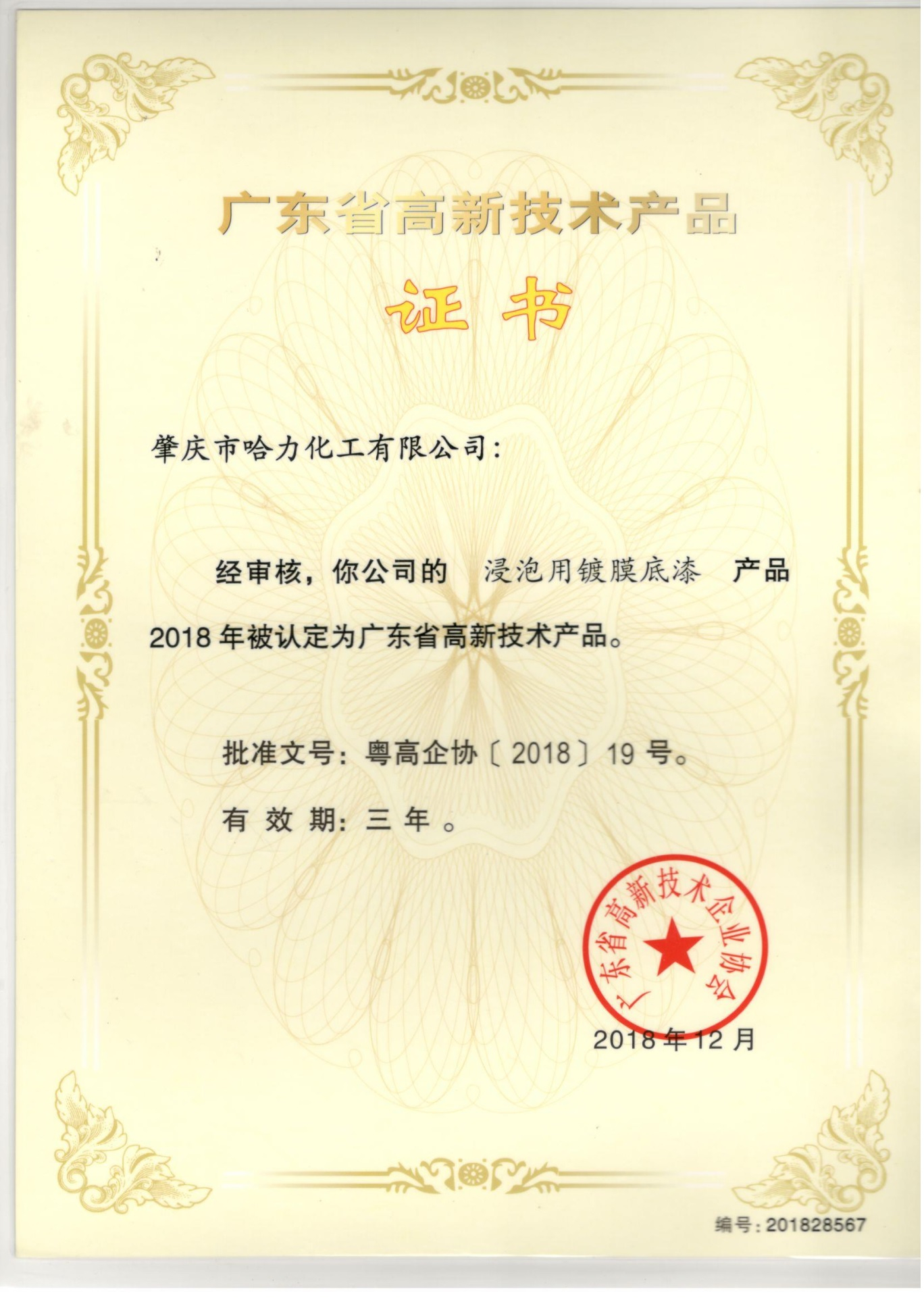 高新技術產品證書-浸泡用的鍍膜底漆